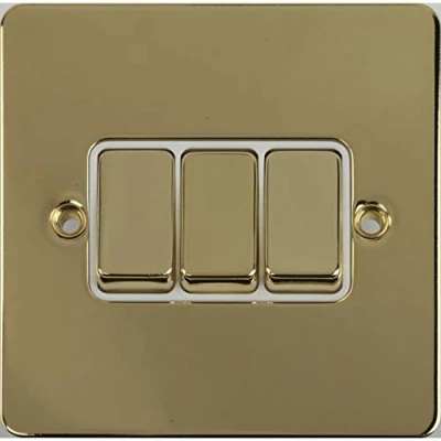 Image of Schneider Electric Ultimate Flat Plate 3 Gang Rocker 2 Way Light Switch, Single Pole, 16AX, GU1232WPB, Polished Brass with White Insert