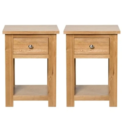 Image of Hallowood Furniture Waverly Oak Side Table with Drawer and Shelf Set of 2, Wooden Bedside Table, Telephone Plant Lamp Small Coffee for Living Room Hallway