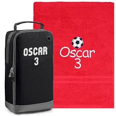 Image of TeddyT&#039;s Personalised Red Towel &amp; Black Boot Bag Football Sports P.E. Set (Hand Towel)