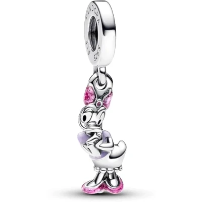 Image of Pandora Disney Daisy Duck sterling silver dangle with holographic pink, purple and black enamel