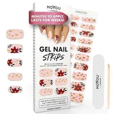 Image of MOYOU LONDON Semi Cured Gel Nail Strips 20 Pcs. Wraps for Salon Quality Manicure Works with Any UV Lamp Easy to Apply, Trim, &amp; Remove Stickers Midnight Garden