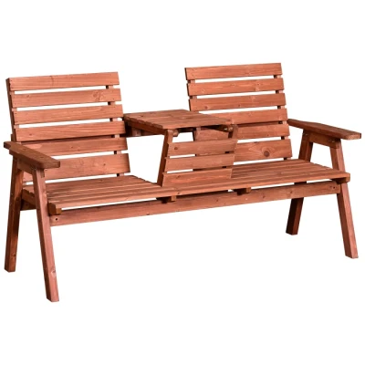 Image of Outsunny 2 Seater Wooden Garden Bench with Convertible Middle Table, Outdoor Three for Patio, Park, Porch and Yard, Red