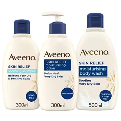 Image of Aveeno Skin Relief Regime Bundle Body Wash Lotion and Shampoo for Sensitive Very Dry Scalp, Blue, 3 count