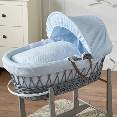 Image of For Your Little One Blue Waffle Grey Wicker Baby Moses Basket With Mattress