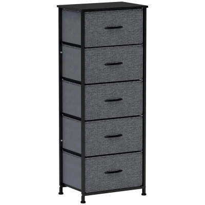 Image of HOMCOM Fabric Chest of Drawers, Storage Industrial Bedroom Dresser with 5 Steel Frame and Wooden Top for Nursery, Living Room, Hallway, Dark Grey