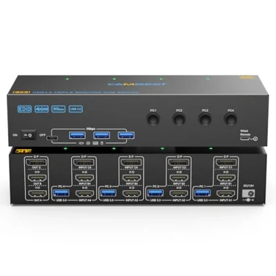 Image of KVM Switch 3 Monitors 4 Computers 4K@60Hz, 2 HDMI+Displayport Triple Monitor for Computer Share and USB3.0 Port Keyboard Mouse Printer, Wired Remote USB Cables Included
