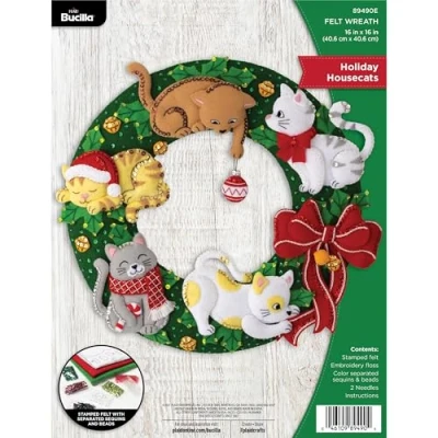 Image of Bucilla Felt Wreath Applique Kit 15&quot; Round Holiday Housecats