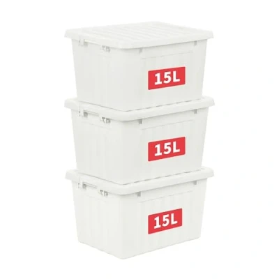 Image of Cetomo 15L*3 Plastic Storage Box,White, Tote box,Organizing Container with Durable Lid and Secure Latching Buckles, Stackable Nestable, 3Pack, Buckle