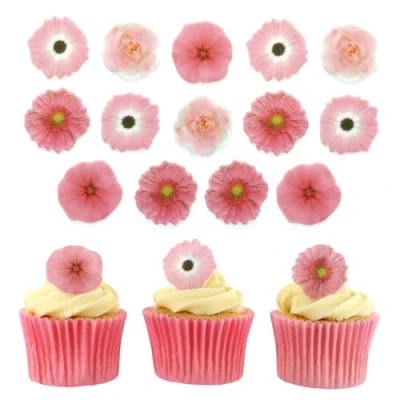 Image of Culpitt Pink Flowers Sugar Decorations 32 Edible Cupcake Toppers Printed Fondant Cake Decorations, Roses, Gerberas &amp; Petunias Pack