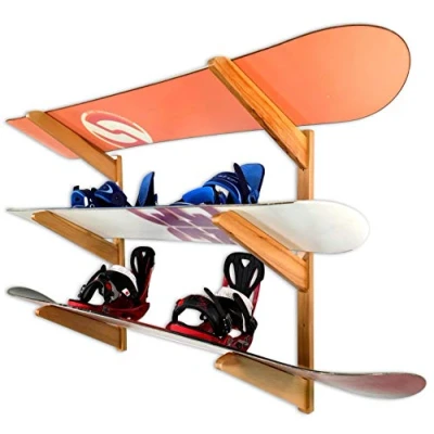 Image of StoreYourBoard Timber Snowboard Wall Rack, Holds 3 Snowboards, Wood Home and Garage Storage Mount System (Natural)