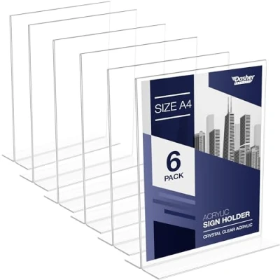 Image of Acrylic Sign Holder A4 T Shape Table Top Display Stand, Double Sided, Bottom Load, Portrait Style Menu Ad Frame. Perfect for Restaurants, Promotions, Photo Frames, Classroom (A4 6 Pack)