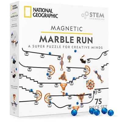 Image of NATIONAL GEOGRAPHIC Magnetic Marble Run 75 Piece STEM Building Set for Kids &amp; Adults with Track Trick Pieces Marbles A Maze, Project (Amazon Exclusive)