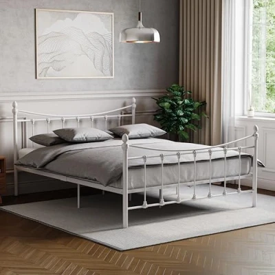 Image of Vida Designs Paris Double Bed, 4ft6 Bed Frame Metal Headboard High Foot End Bedroom Furniture, White