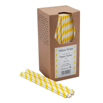 Image of Beaumont CZ619 Yellow and White Striped Disposable Paper 8 inches Drinking Straws, 250, Acrylic