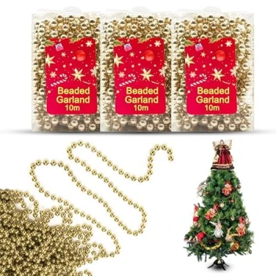 Image of 3x Champagne Gold 10M Christmas Bead Chains, Luxury Plastic Garland for Xmas Tree Ornaments, Pearl Strands Wedding Party Decor, String Decoration