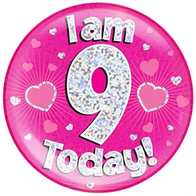 Image of OAKTREE UK 633100 6&quot; Jumbo Badge I am 9 Today Pink Holographic Dot