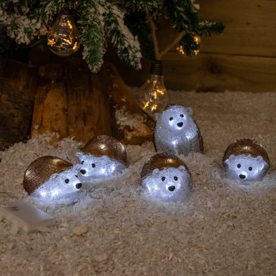 Image of Set of 5 Battery Operated Brown Acrylic Christmas Hedgehogs with Cool White LEDs