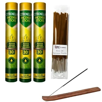 Image of Citronella 3 x 30 Incense Sticks With Wooden Holder and Free 20 Bugs Mosquitos Fly Repellent Scented Anti Fragrance Insect Repeller for Outdoor &amp; Indoor Uses