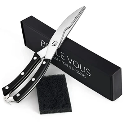 Image of BELLE VOUS Stainless Steel Kitchen Scissors, 10&quot; Overall Length, Multi Function Poultry Shears, Spring Loaded Handle, Safety Clip, Dishwasher Safe, Black, Plastic &amp;