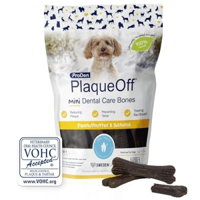 Image of ProDen PlaqueOff 20 Mini Dental Bones for Small and Toy Dogs Tartar, Plaque &amp; Bad Breath Remover, Improves Overall Oral Health(Peanut Butter Banana)