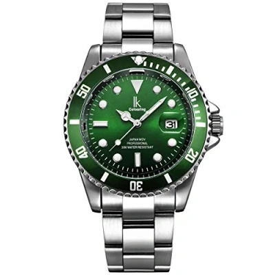Image of Alienwork Watch Men Women Silver Stainless Steel Metal Strap Calendar Date Green Elegant