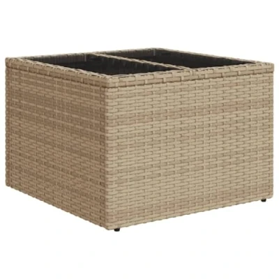 Image of vidaXL Garden Table Beige Poly Rattan Square Outdoor Dining with Tempered Glass Top, Powder Coated Steel Frame, 55x55x37 cm for Patio &amp; Backyard