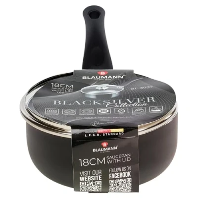 Image of BLAUMANN Cookware Frying Grill Pots Pan Saucepan Casserole Soft Touch Handle Lid (Matt Black, 18x8cm with Glass L...)