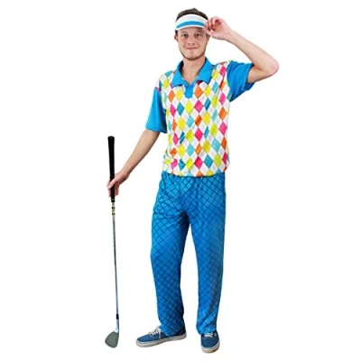 Image of Mens Golf Costume Large Fancy Dress Blue Argyll Style Top + Trousers Visor Perfect for Pub Golf, Golfer Stag Night, Sport Events, and Other Events