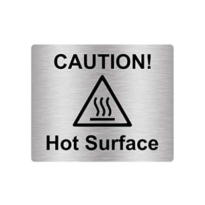 Image of Caution Hot Surface Sign with Adhesive Sticker Notice, SILVER/GOLD/YELLOW/RED engraved Universal Icon Symbol and Text (Size 12cm x 10cm) (Silver)