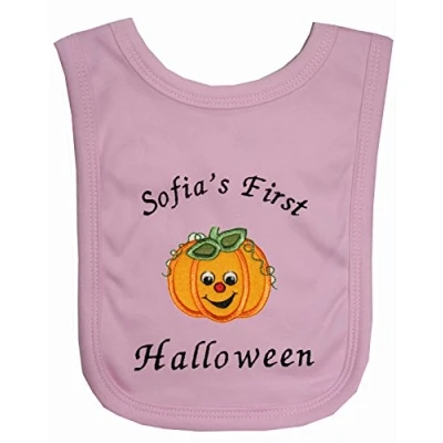 Image of Baby 1st Happy Pumpkin Face Personalised Applique Halloween Bib. (Pink)