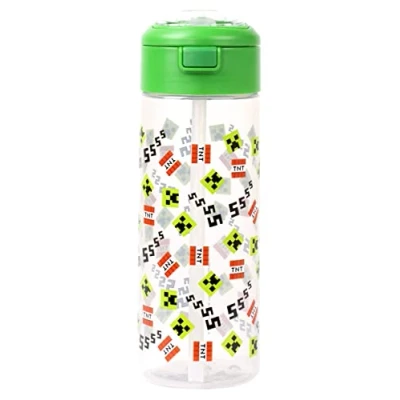 Image of Minecraft Plastic Water Bottle With Straw Green SSS Video Game Kids 700ml Gifts Official Merchandise
