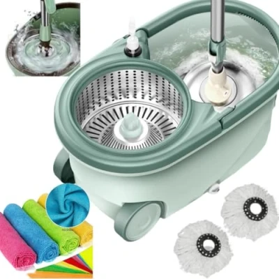 Image of SWISSPACK Ultimate Heavy Duty Spin Mop and Buckets Sets, Microfibre Flat Bucket, Telescopic Handle &amp; 2 Reusable Pads for Hardwood Laminate Tile Floors 4 Cleaning Cloths Included. (green)
