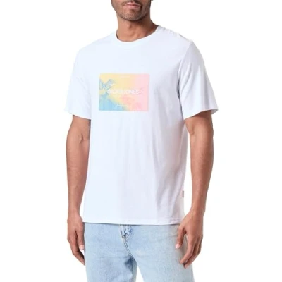 Image of JACK &amp; JONES Men&#039;s Joraruba Sunset Branding Tee Ss C.n T Shirt, Bright White, S