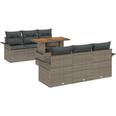 Image of vidaXL 7 Piece Garden Sofa Set with Cushions Grey Poly Rattan Acacia