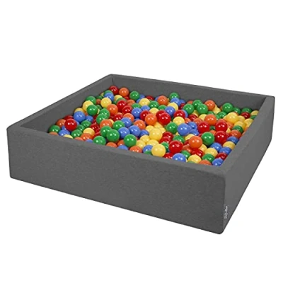 Image of KiddyMoon Soft Ball Pit Square 120X30cm/300 Balls ∅ 7Cm / 2.75In For Kids, Foam Pool Baby Playballs Children, Made In EU, Dark Grey:Yellow Green Blue Red Orange