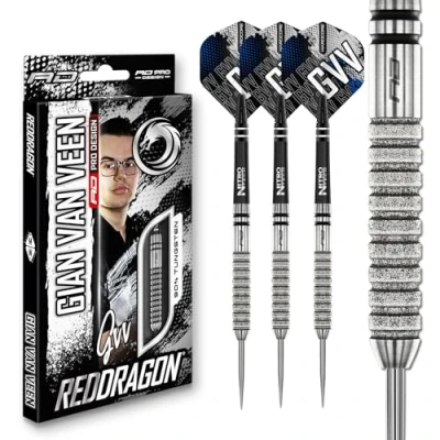 Image of RED DRAGON Darts Professional Player Gian van Veen Tour Edition 22g 90% Tungsten Steel tip Set with Dart Flights and Shafts (Stems)