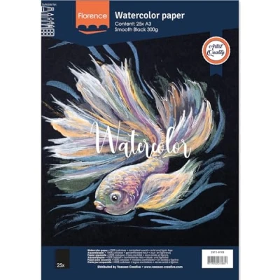 Image of Vaessen Creative Florence Hot Pressed Watercolour Paper A3, Black, 300 GSM, Smooth Surface, Artist Grade Quality, 25 Sheets for Painting, Hand Lettering, Art Projects
