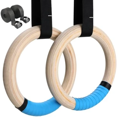 Image of LIFERUN Gymnastics Rings Wooden 32mm, Olympic with Grip Strap, Adjustable Buckle Straps and Markings, Training for Full Body Workout, Blue