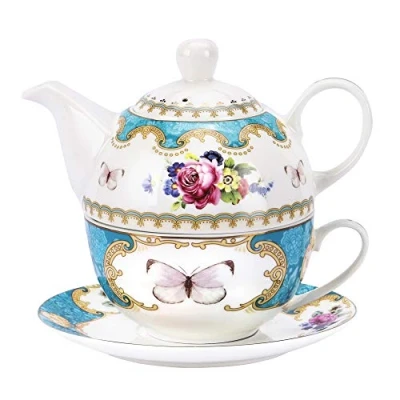 Image of fanquare Vintage Rose Flowers tea for One Set, Porcelain Teapot cup and Saucer Set,450ml teapot,220ml