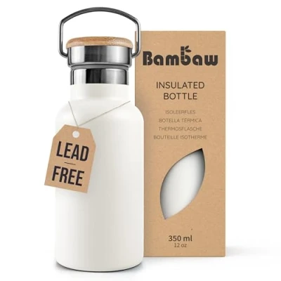 Image of Bambaw Insulated Water Bottle 350ml, White Bottle, Stainless Steel Leakproof Metal 350ml Polar