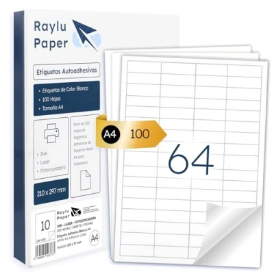 Image of Raylu Paper ® White Self Adhesive Labels for Printing, A4 Sheets Stickers Inkjet Printer, Laser and Photocopiers, 64 Per Sheet (48.5 x 16.9 mm)
