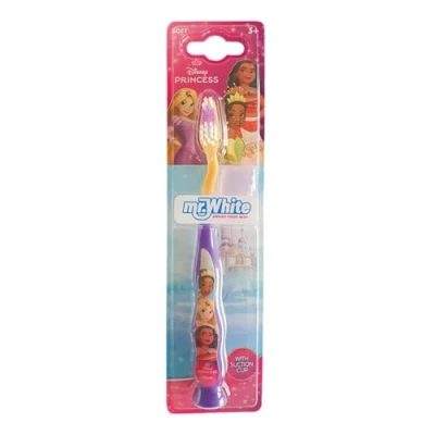 Image of Disney Princess Little Teeth Toothbrush for Kids with Protection Cap, Soft Rounded Bristles, Comfortable Handle Grip and Suction Cup Upright Storage Children Ages 3+