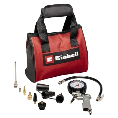 Image of Original Einhell 10 Piece Compressed Air Set with Bag (Compressor Accessories, Includes 1x Adaptor Nozzle for Blow Gun, Tyre Inflator Gauge, 8X Inflation Adapters Accessory Bag)