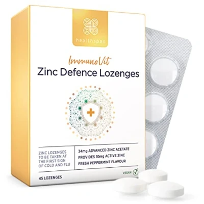 Image of Healthspan ImmunoVit Zinc Defence Lozenges (45 Lozenges) All Year Round Immunity Support Cold &amp; Flu Providing 10mg Ionic (100% NRV) Peppermint Flavoured Vegan