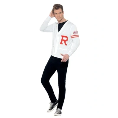 Image of Smiffys Grease Rydell Prep Costume in White for Adults, Sweater Vest, Button Up, Iconic R Letter, Officially Licensed, Perfect Matching Group Fancy Dress Outfits and Playful Events