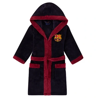Image of FC Barcelona Official Football Boys Fleece Dressing Gown Robe Navy 7 8 Years