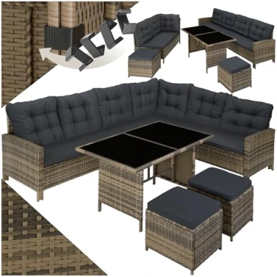 Image of TecTake Rattan Garden Furniture Set 8 Seater Including an Outdoor Sofa, 2 Stools, Table, Cushions, Assembly Clamps and Instructions nature