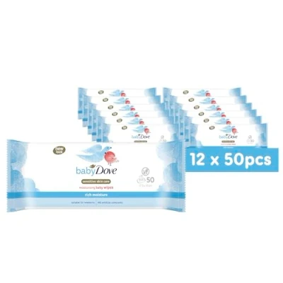 Image of Baby Dove Sensitive Skin Care Wipes, Rich Moisture Soft Cleansing, Moisturising &amp; Gentle Wet Tissue for Newborns Infants, Perfect Nursery Travel Essentials, Resealable Pack of 12