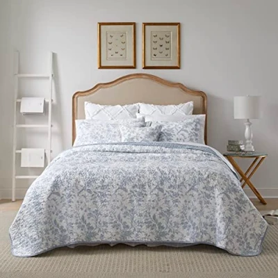 Image of Laura Ashley Cotton Reversible Bedding with Matching Shams, Floral Home Decor for All Seasons, Amberley Blue, King