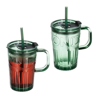 Image of Relaxdays Set of 2 Cups, Drinking Glasses with Lid &amp; Straw Handle, Vol. 450 ml, Green, 13 x 8.5 cm